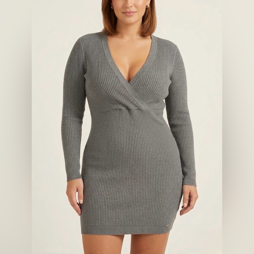 GUESS Grey Ribbed Knit V-Neck Empire Waist Long Sleeve Mini Dress Size XL Fall